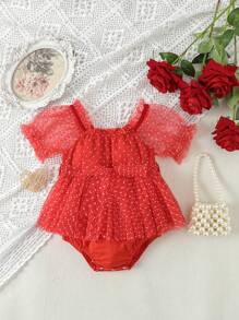 Baby Girls' Cute Red Polka Dot Mesh Bodysuit For Spring/Summer - Red - View 1
