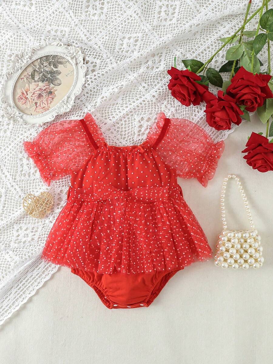 Baby Girls' Cute Red Polka Dot Mesh Bodysuit For Spring/Summer - Red - View 1