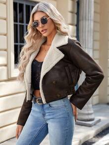 RELISH NOLESS 女士秋冬时尚人造毛皮拼布双排扣短款夹克 - 棕色 - 查看 4