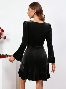 SHEIN Clasi Của phụ nữ Nhung Vòng cổ Tay áo dài Đầm - màu đen - Xem 2