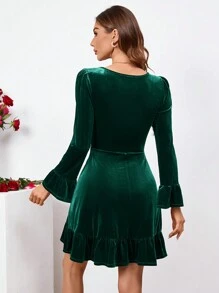 SHEIN Clasi 女性絲絨裙襬褶邊禮服 - 墨綠色 - 查看 2