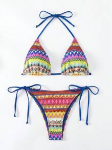 SHEIN Swim Conjunto de bikini con patrón geométrico y nudos en los laterales para playa y verano - Multicolor - Ver 4