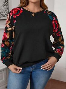 SHEIN CURVE+ Plus Size Women'S Floral Raglan Sleeve Sweatshirt - Black - View 1