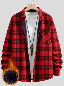 Manfinity Hypemode Men's Plaid Shacket With Warm Lining & Front Pocket - Red - View 3