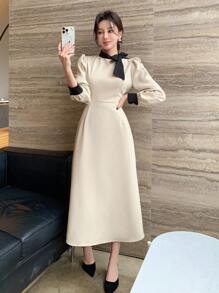 DAZY Vestido de mujer con cuello de contraste, cintura con lazo, manga abullonada, vestido de otoño de manga larga