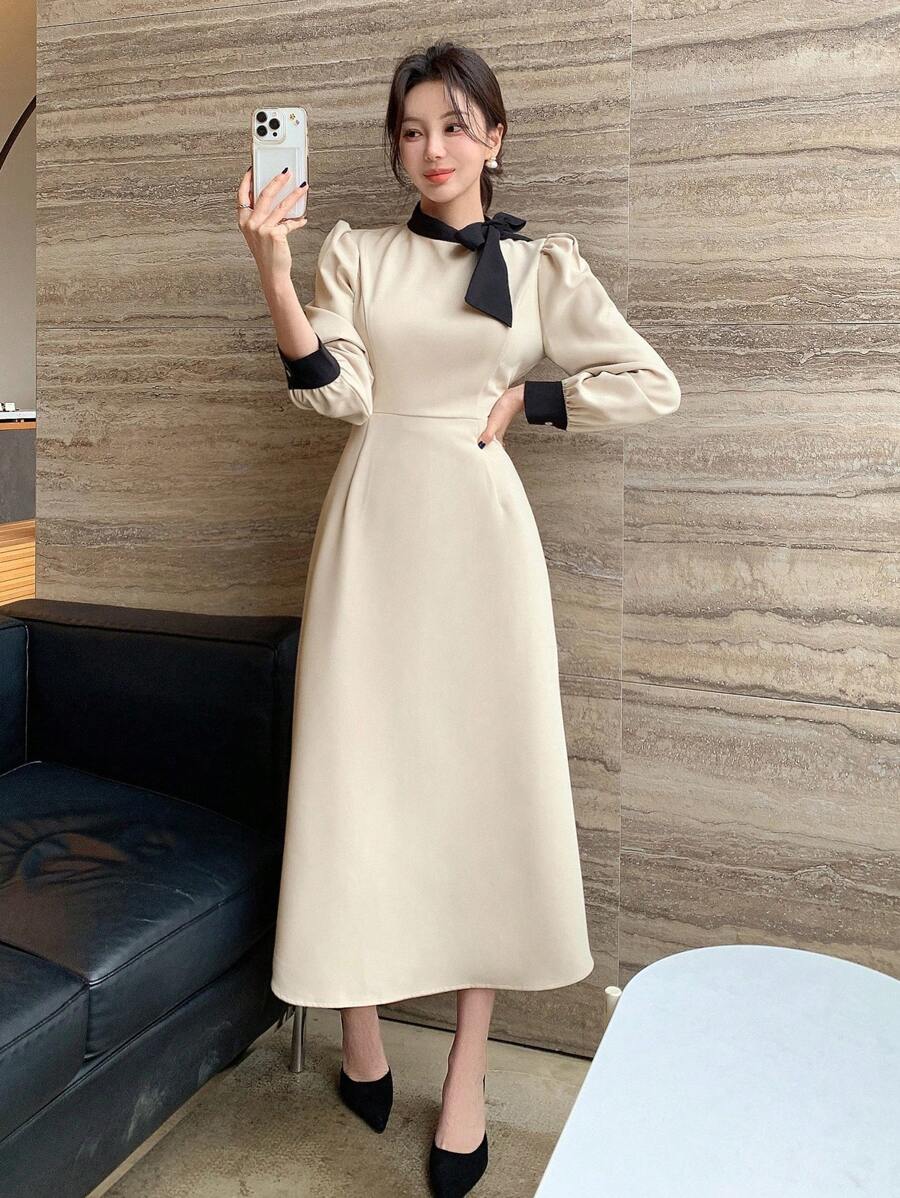 Ladies' Contrast Color Collar, Tie Waist, Puff Sleeve Dress, Fall Dress Long Sleeve Dress - Apricot - View 1