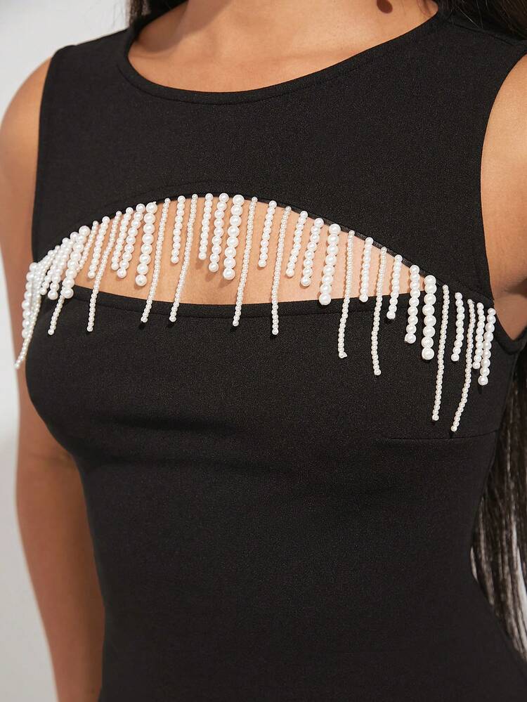 Faux Pearl Fringe Cut Out Bodycon Mini Dress