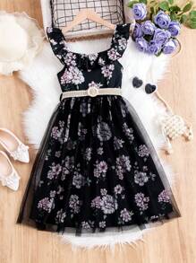 SHEIN Gestricktes Kleid mit Blumenmuster und kontrastierendem Netzstoff für Tween-Mädchen - Verschiedenfarbig - Übersicht 1