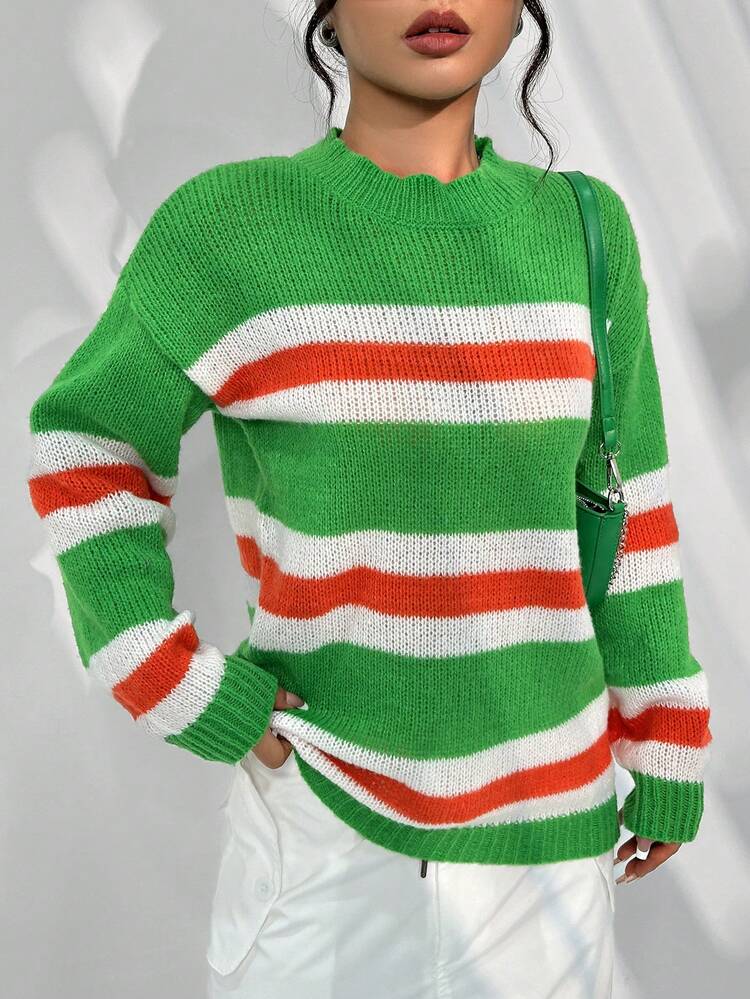 Striped Round Neck Drop Shoulder Casual Pullover Knit Pullover Fall Winter Sweater