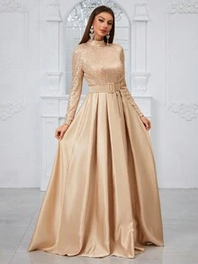 YISIKADO Long Sleeve Stand Collar Sequin Panel Pleated Evening Dress (With Belt) Elegant Formal Prom Wedding Guest Gown, For Graduation, Dinner Party Dress