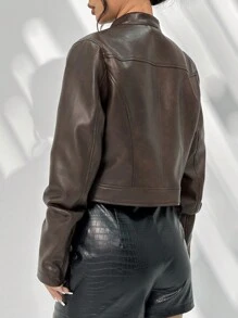 SHEIN Unity 女士立領pu皮夾克 - 棕色 - 查看 2