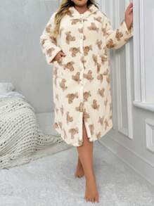 Plus Size Cartoon Teddy Bear Pattern Furry Robe - Beige - View 6