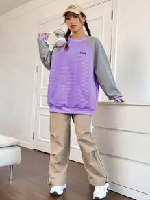 Flirla Color Block Patched Detail Raglan Sleeve Sweatshirt Pullover Fall Sweatshirt - Violet Purple - View 5