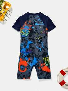 SHEIN Young Boy Casual Round-Neck Dinosaur Printed One-Piece Swimwear - Multicolor - View 2