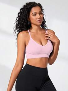 Easithlete 純色交叉後背運動胸罩 - 藕粉色 - 查看 6