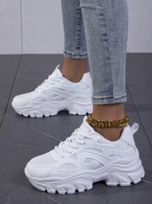 女士白色綁帶厚底厚實運動鞋，透氣輕便 - 白色 - 查看 3