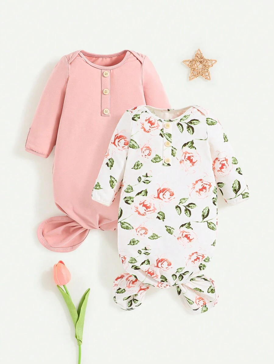 SHEIN 新生女嬰針織柔軟圓領長袖過肩睡衣套裝 - 彩色 - 查看 1