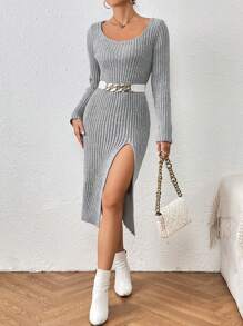 SHEIN Essnce Của phụ nữ Tay áo dài Viền chia cắt Đầm Áo len - Xám - Xem 6