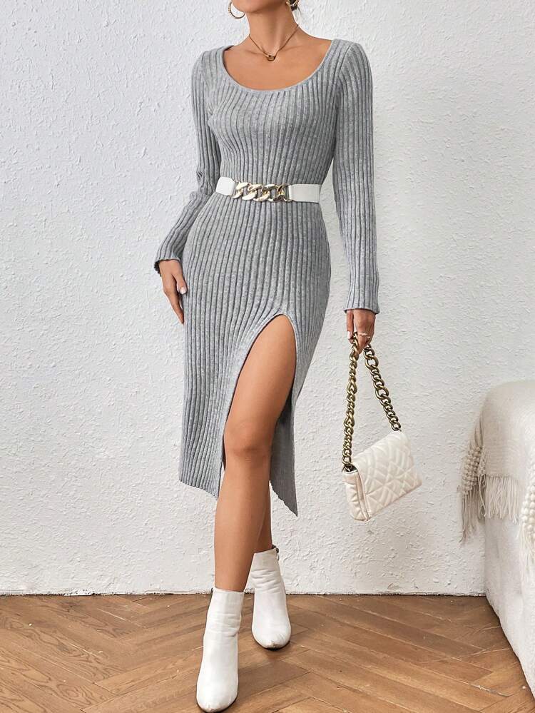 Women'S Long Sleeve Split Hem Sweater Dress