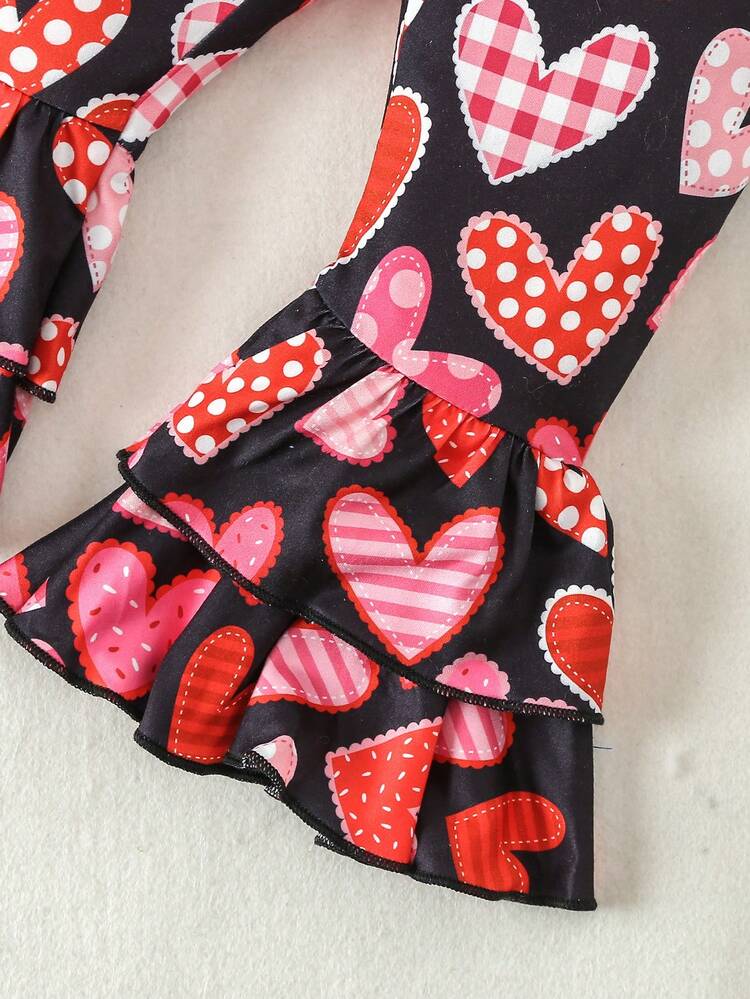 Baby Girls' Pink Puff Sleeve Shirt With Heart-Shaped Print Flare Pants Set For Spring And Summer