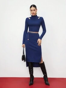 BizChic 女士高領空心上衣和裙子套裝 - 藍色 - 查看 1