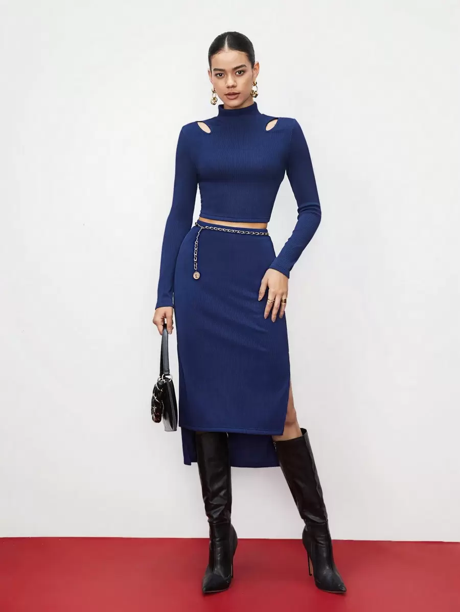 BizChic 女士高領空心上衣和裙子套裝 - 藍色 - 查看 1
