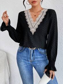 Breezaya Embroidered Applique Bell Sleeve Blouse - Black - View 3
