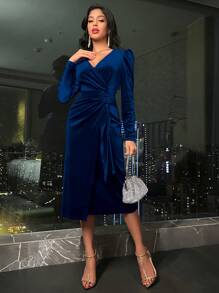 Allurite Cross Wrap Velvet Dress - Navy Blue - View 4
