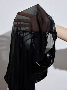 SHEIN SXY 拼接pu塗層針織鑲空連體泳衣 - 黑色 - 查看 7