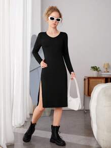 青少女長袖黑色側開叉裙 - 黑色 - 查看 1