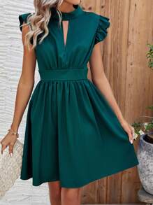 Chiquease Đường viền lỗ khóa Viền Ruffle Váy bodycon - Màu xanh lá cây đậm - Xem 4