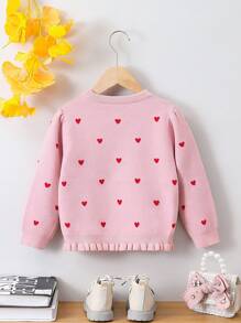 SHEIN Young Girl Heart Pattern Round Neck Sweater - White - View 2