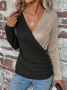 SHEIN LUNE 糾結裝飾對比色長袖t恤 - 彩色 - 查看 3