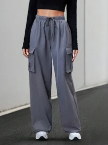 SHEIN Essnce 女士束腰拉繩蓋式口袋長褲 - 深灰色 - 查看 5