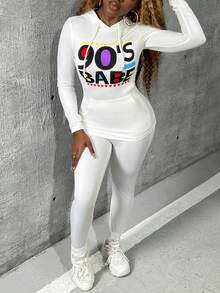 SHEIN Slayr 文字印花連帽休閒2件套裝 - 白色 - 查看 4