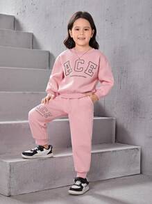 SHEIN 女孩街頭風格印花圓領長袖運動服套裝 - 粉色 - 查看 3