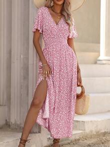 Breezaya Flower Print V-Neck Ruffle Short Sleeve Dress Maxi Vacation Beach Outfits Women - Pink - View 3