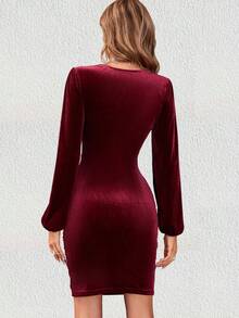 Chiquease Của phụ nữ Xoắn Nút Tay áo lồng đèn Đầm - Màu Đỏ Sâu - Xem 2