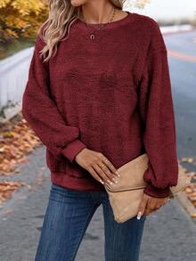 SHEIN LUNE 女性純色泰迪絨毛衣 - 酒紅色 - 查看 5