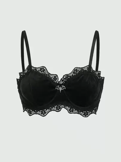 ROMWE Grunge Punk Ladies Velvet & Lace & Underwire Design Bat Shaped Pendant Bralette, Lingerie