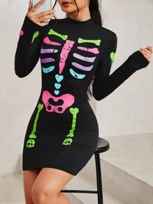 SHEIN PETITE 女款立領羅紋印花長袖連身裙 - 黑色 - 查看 6
