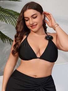 SHEIN Swim Curve 大码女式 3d 花朵装饰泳衣上衣 - 黑色 - 查看 6