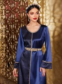 Al Najma 女士撞色对比蕾丝阿拉伯连衣裙，端庄 - 寶藍色 - 查看 6