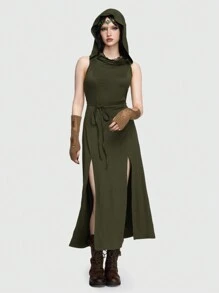 ROMWE Fairycore 女款純色無袖連帽連身裙 - 軍綠色 - 查看 4