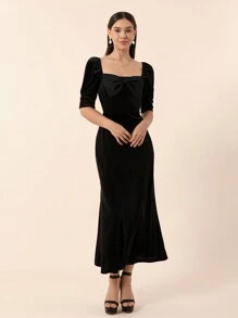 SHEIN Privé Women'S Velvet Puff Sleeve Dress With Bow Tie - Black - View 3