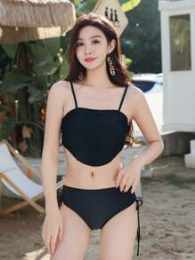 DAZY Women's Solid Color Drawstring Ruched Bikini Set Summer Beach,Tankini Bathing Suit - Black - View 5