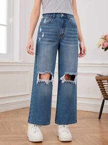 Teen Girl'S Casual Low Rise Wide Leg Jeans With Distressed Detailing - Medium Wash - View 4