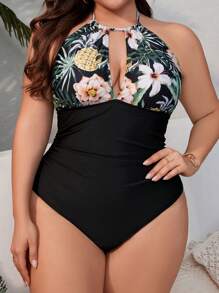 Swim Lushoire Plus Size Floral Print Open Back Halter One-Piece Swimsuit - Multicolor - View 1