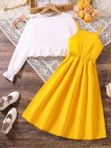 SHEIN Conjunto De Vestido Camisero Y Abrigo Con Dobladillo Con Volantes Para Niña Tween - Multicolor - Ver 2