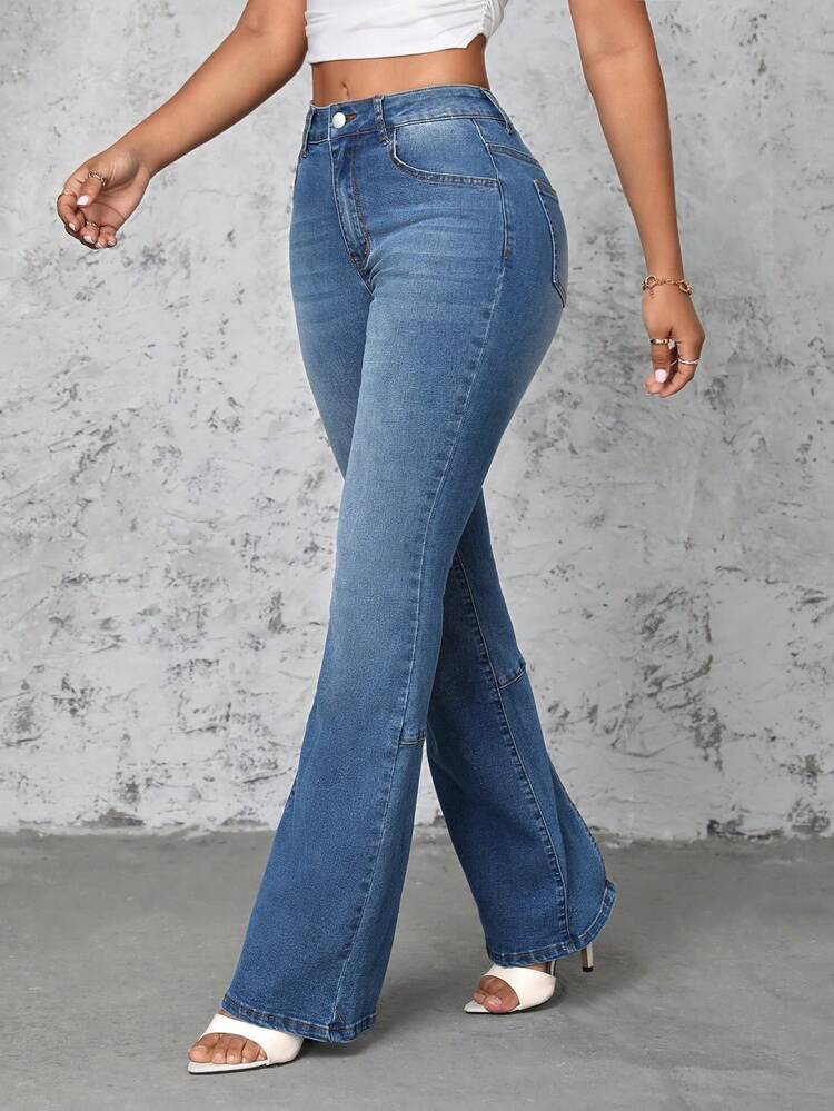 Washed Design High-Low Split Hem Denim Pants